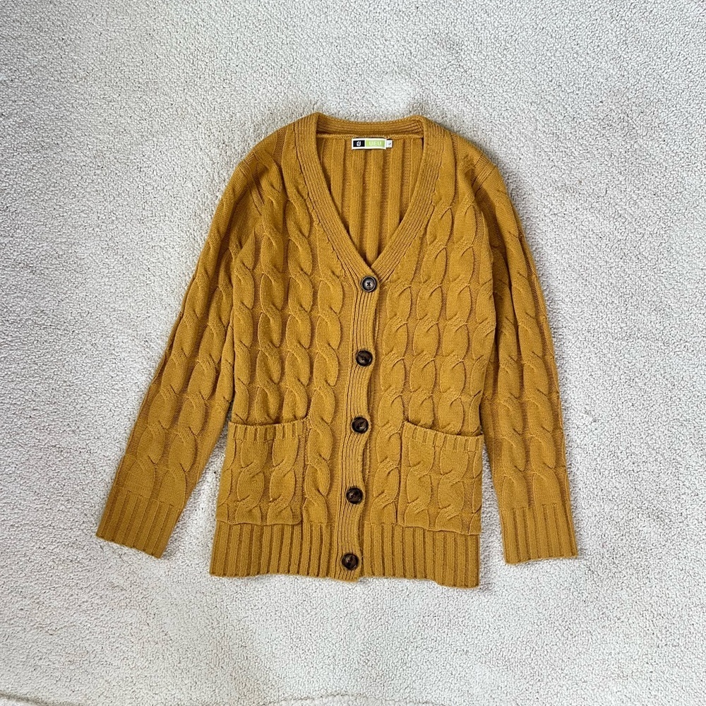 UEU Mustard Cable Knit preppy bohemian Office  Cardigan L